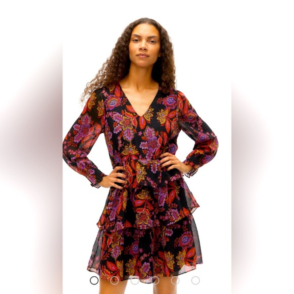 Vero Moda Black Floral Tiered Long Sleeve Dress with Red and Purple Flowers